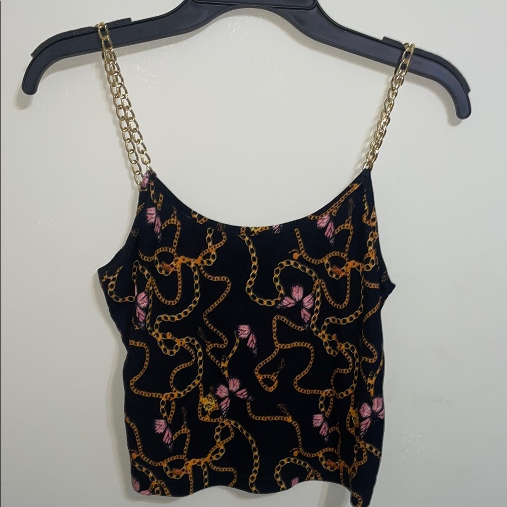 Womens Black Chain-Print Camisole with Gold Chain Straps